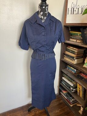 Vintage 1950s Navy Belted Pencil skirt and top
